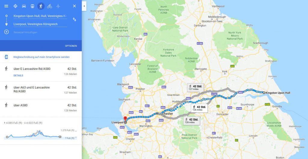 Eine Kartenausschnitt mit der Route von Liverpool nach Hull
