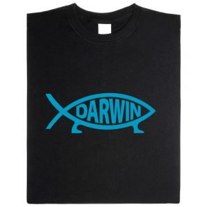 Ein T-Shirt mit einem gezeichneten Fisch, darin steht "Darwin"