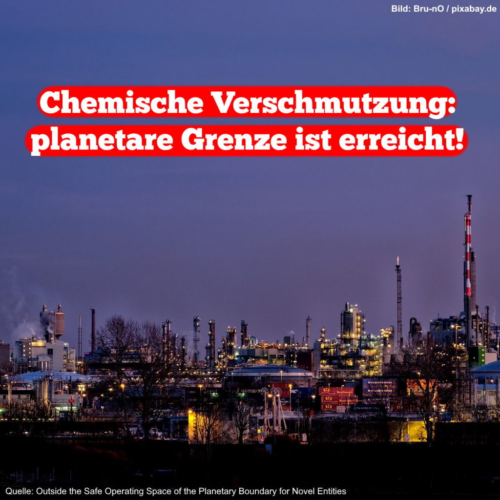 Meme: Im Hintergrund ein Chemiewerk. Vordergrund Text: "Chemische Verschmutzung: planetare Grenzen erreicht!".
