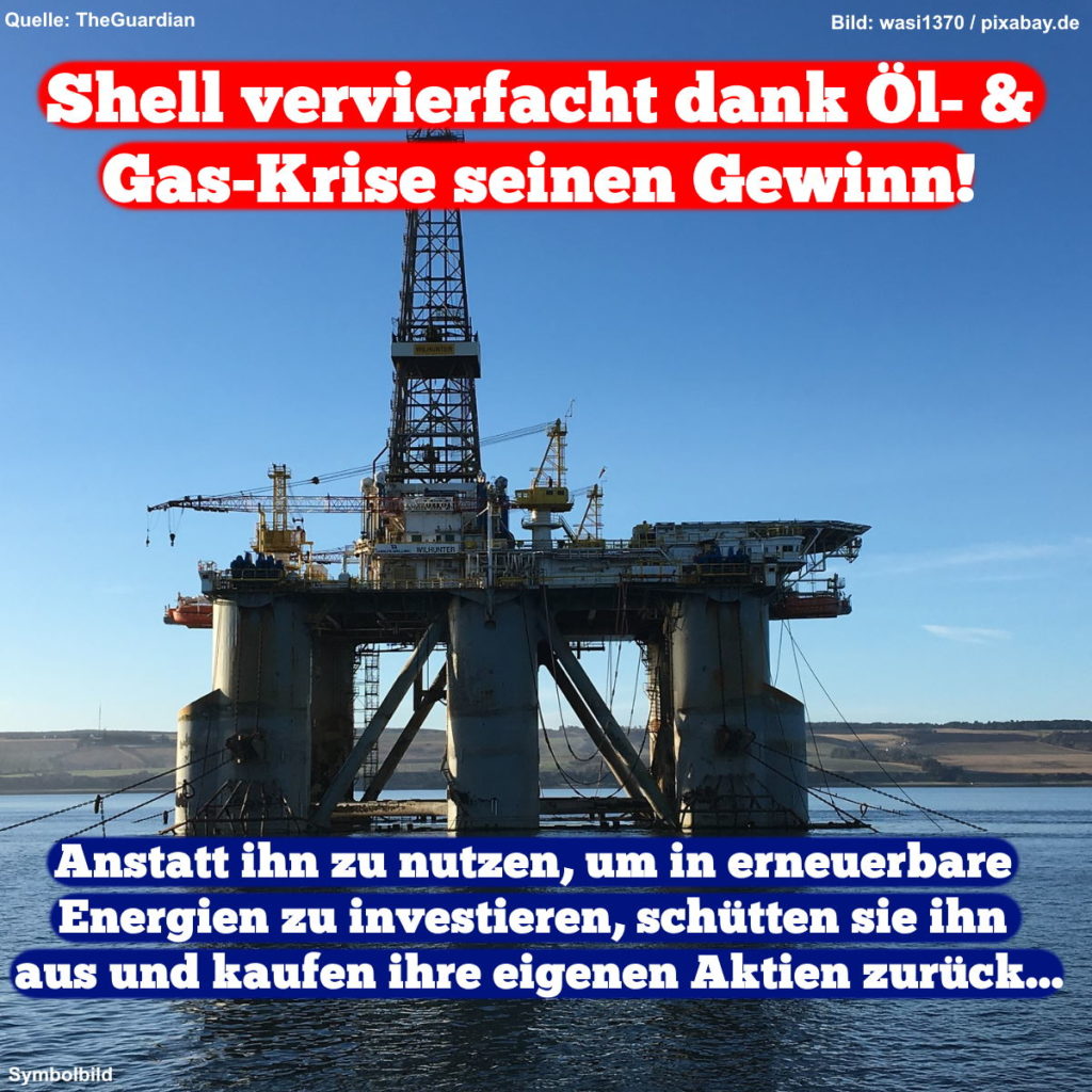 Meme: Ölplattform im Hintergrund. Text im Vordergrund: "Shell vervierfacht dank Öl- & Gas-Krise seinen Gewinn! Anstatt ihn zu nutzen, um in erneuerbare Energien zu investieren, schütten sie ihn aus und kaufen ihre eigenen Aktien zurück..."